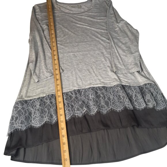 LOGO Lori Goldstein Shirt Womens Large Gray Tunic Lace Chiffon Hem 3/4 Sleeve - Picture 5 of 12